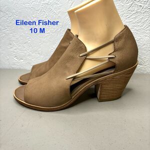Eileen Fisher Tan All Leather Elastic Bungee High Block Heel EUC Womens Size 10M